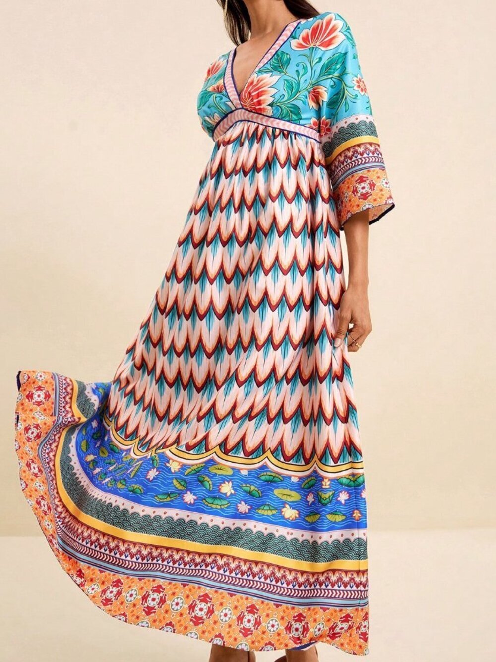Multicolor Boho Women's Tropical Floral V-Neck Long Dress - Picture 4 of 8